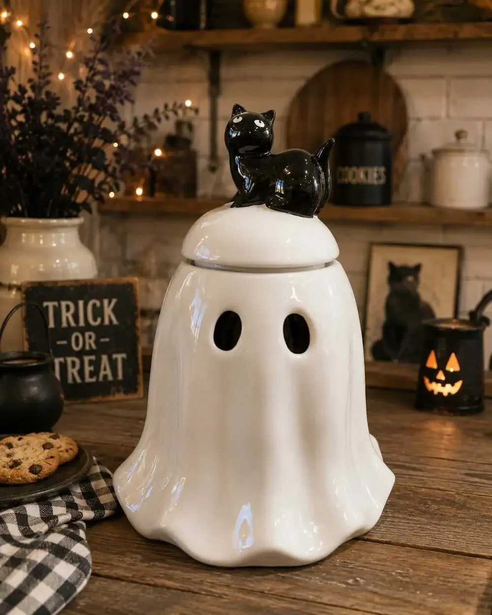 New Halloween WHITE Ghost W/ Black Cat On Head Holiday Cookie Jar Kitchen